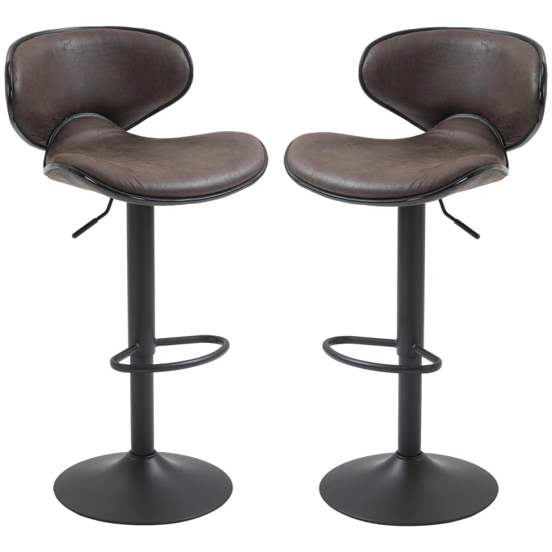 HOMCOM Adjustable Bar Stools Set of 2, Swivel Counter Height Barstools, Leathaire Upholstered Kitchen Island Stools with Back, Footrest and Steel Base, Espresso