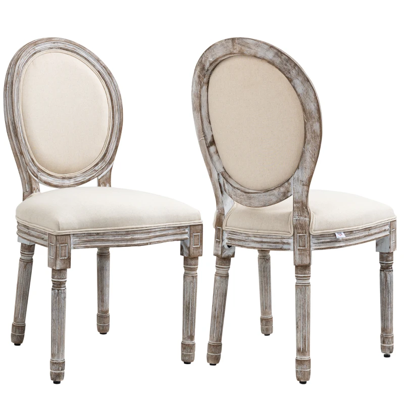 HOMCOM Dining Chairs Set of 2, French Style Linen Fabric Upholstered Kitchen Chairs with Backs and Wood Legs for Dining Room, Living Room, Bedroom, Cream White