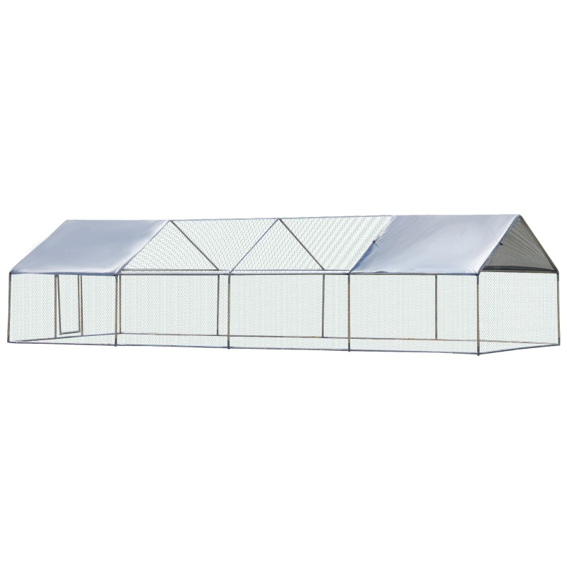 PawHut 9.8' x 26.2' Metal Chicken Coop, Galvanized Walk-in Hen House, Poultry Cage with 1.25" Tube, Waterproof UV-Protection Cover for Rabbits, Ducks
