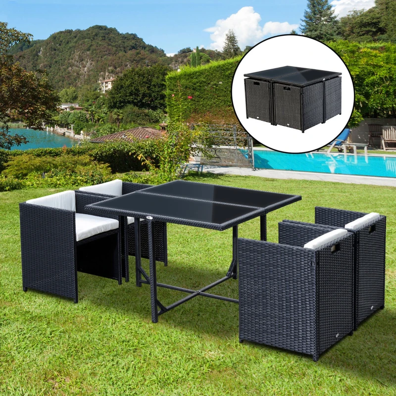 Outsunny 5 Pieces Wicker Patio Dining Set Outdoor Furniture Set with Removable Cushions, Glass Top Dining Table, PE Rattan Conversation Set for Garden Poolside Backyard, Cream