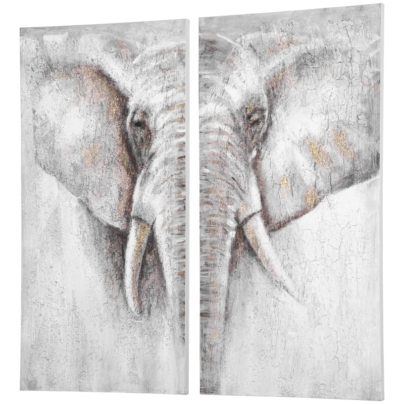 HOMCOM 2 Panel Elephant Art Hand-Painted Canvas Animal Wall Art Painting with Heavy Texture, for Living Room Bedroom Decor Grey, 47.25" x 47.25"