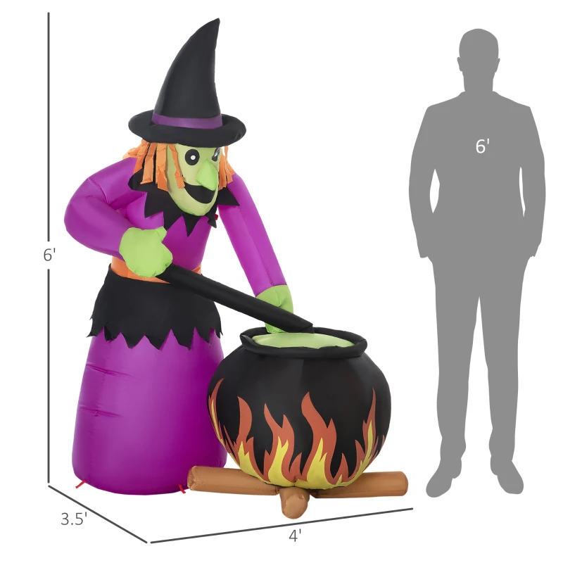 Outsunny 6ft Inflatable Halloween Witch Brews Cauldron with Flame Light, Blow-Up LED Display Indoor Outdoor for Garden, Lawn, Party, Holiday