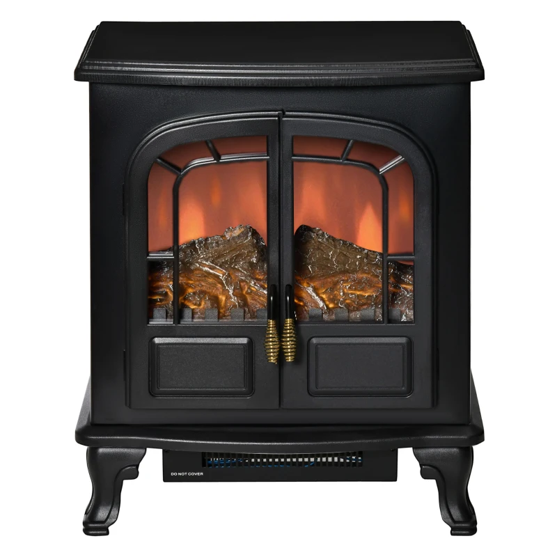 HOMCOM Electric Fireplace Stove Heater with LED Fire Flame Effect, Double Door, Freestanding & Portable with Overheat Protection, 750W/1500W, Black