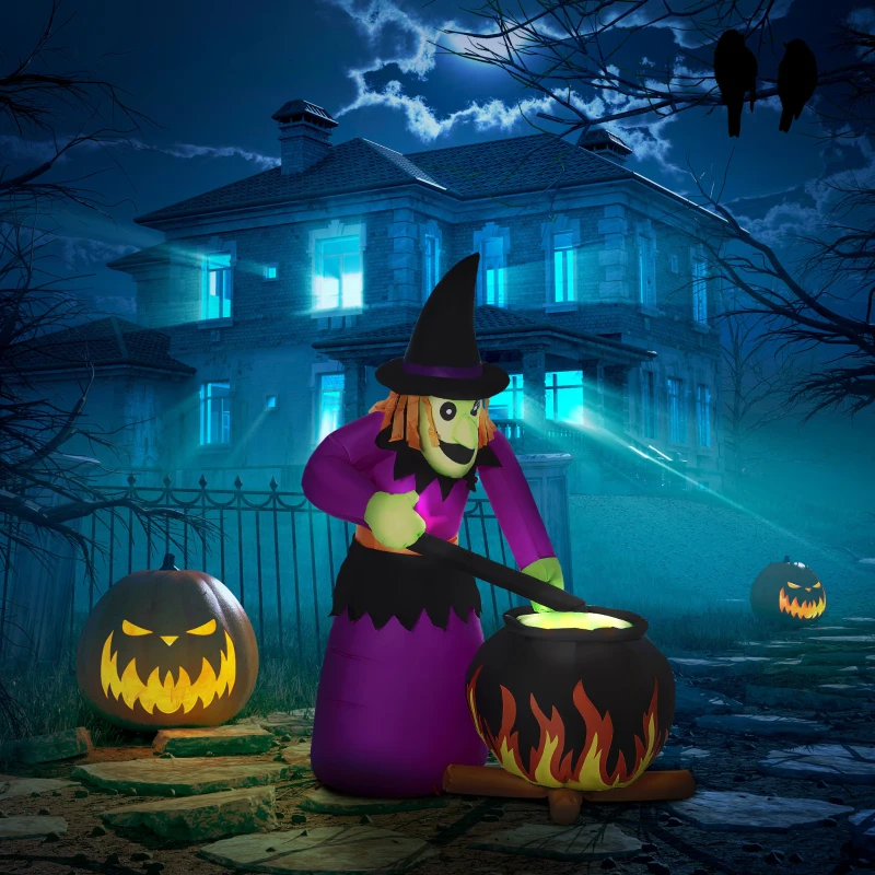 Outsunny 6ft Inflatable Halloween Witch Brews Cauldron with Flame Light, Blow-Up LED Display Indoor Outdoor for Garden, Lawn, Party, Holiday