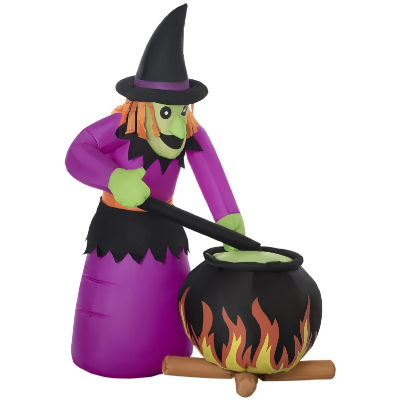 Outsunny 6ft Inflatable Halloween Witch Brews Cauldron with Flame Light, Blow-Up LED Display Indoor Outdoor for Garden, Lawn, Party, Holiday