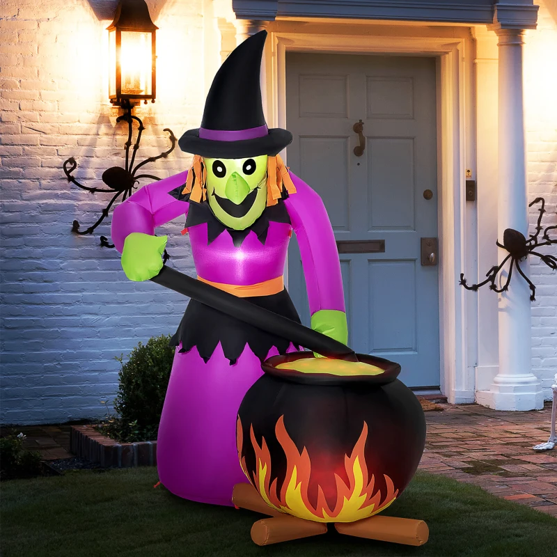 Outsunny 6ft Inflatable Halloween Witch Brews Cauldron with Flame Light, Blow-Up LED Display Indoor Outdoor for Garden, Lawn, Party, Holiday