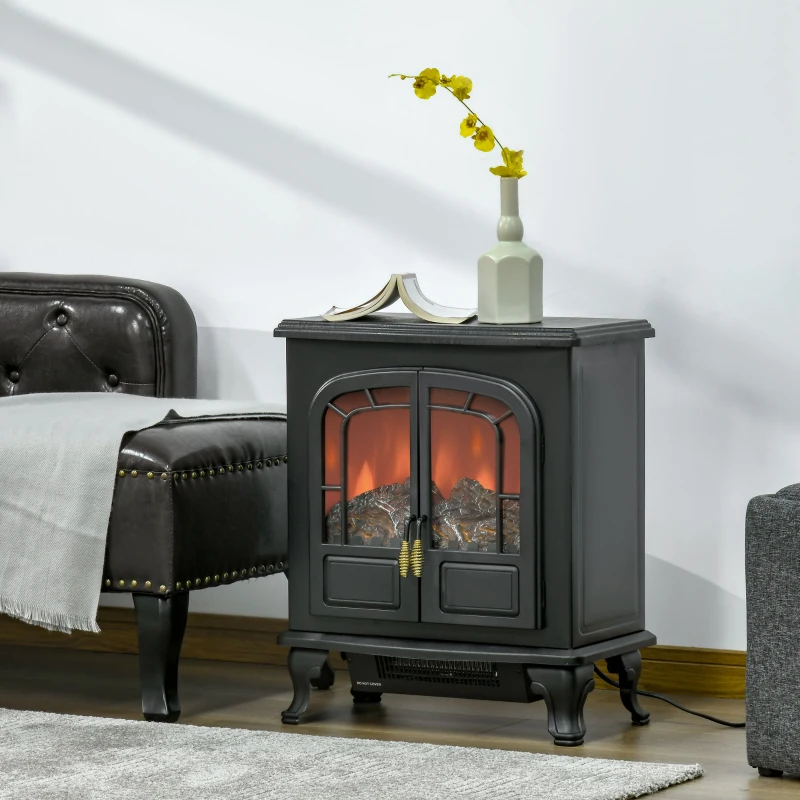 HOMCOM Electric Fireplace Stove Heater with LED Fire Flame Effect, Double Door, Freestanding & Portable with Overheat Protection, 750W/1500W, Black
