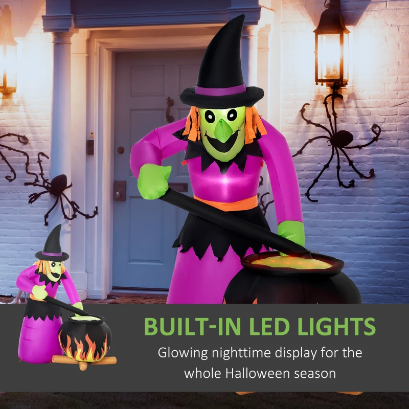 Outsunny 6ft Inflatable Halloween Witch Brews Cauldron with Flame Light, Blow-Up LED Display Indoor Outdoor for Garden, Lawn, Party, Holiday