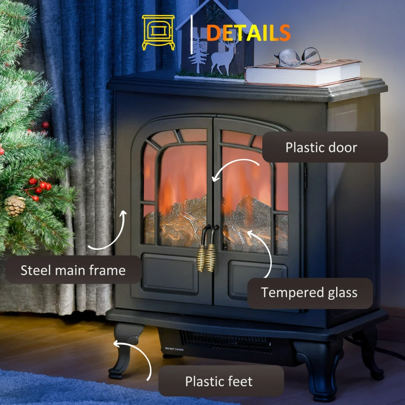 HOMCOM Electric Fireplace Stove Heater with LED Fire Flame Effect, Double Door, Freestanding & Portable with Overheat Protection, 750W/1500W, Black