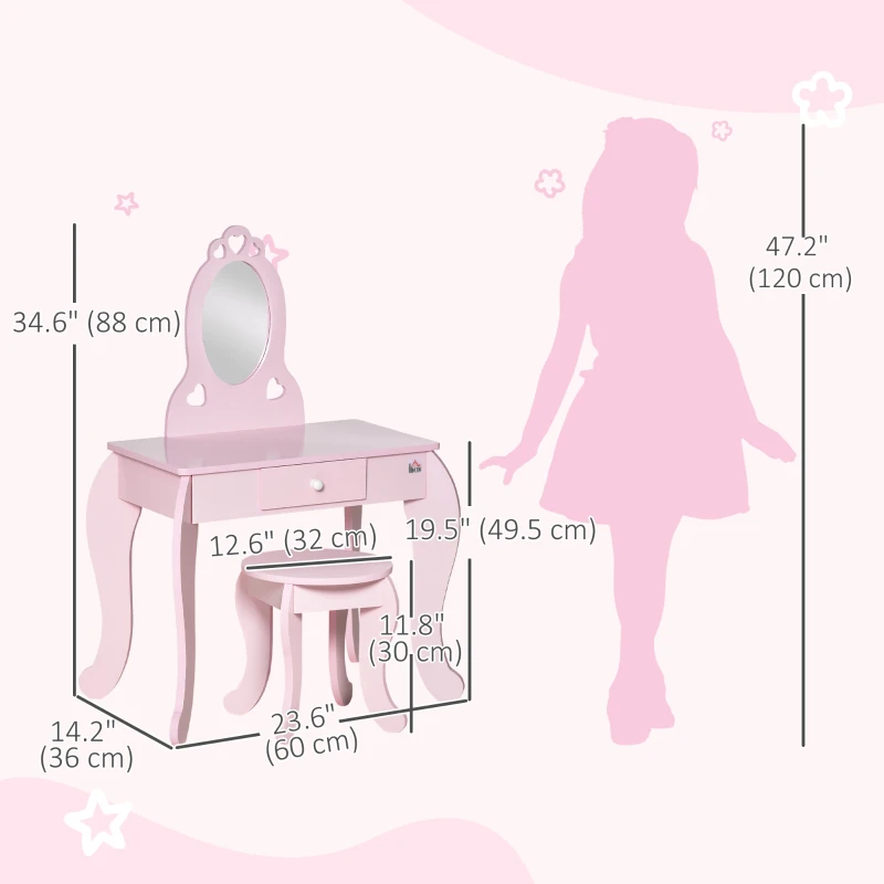 Qaba Kids Vanity Table Set with Mirror and Stool, Drawer, for 3-6 Years, Pink
