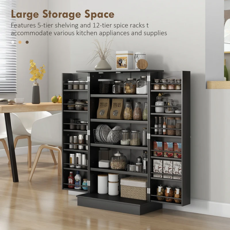 HOMCOM Freestanding Kitchen Pantry Cabinet, Kitchen Cabinet with 12 Door Shelves, Double Doors, 5-tier Shelving, Black(m-4)