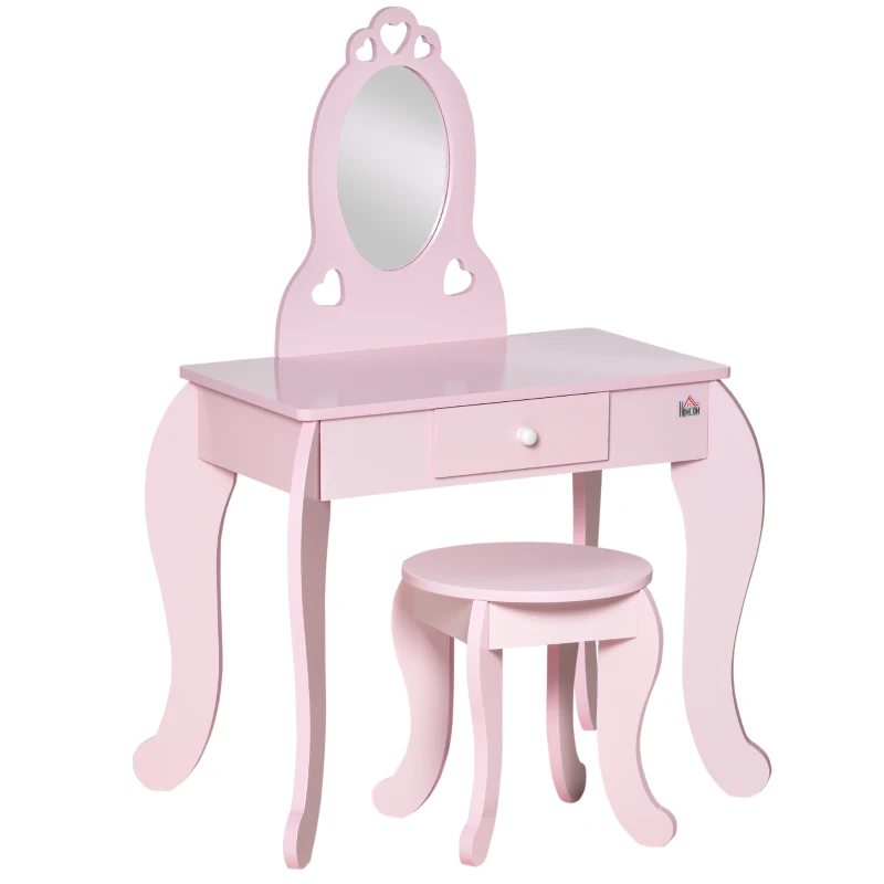 Qaba Kids Vanity Table Set with Mirror and Stool, Drawer, for 3-6 Years, Pink