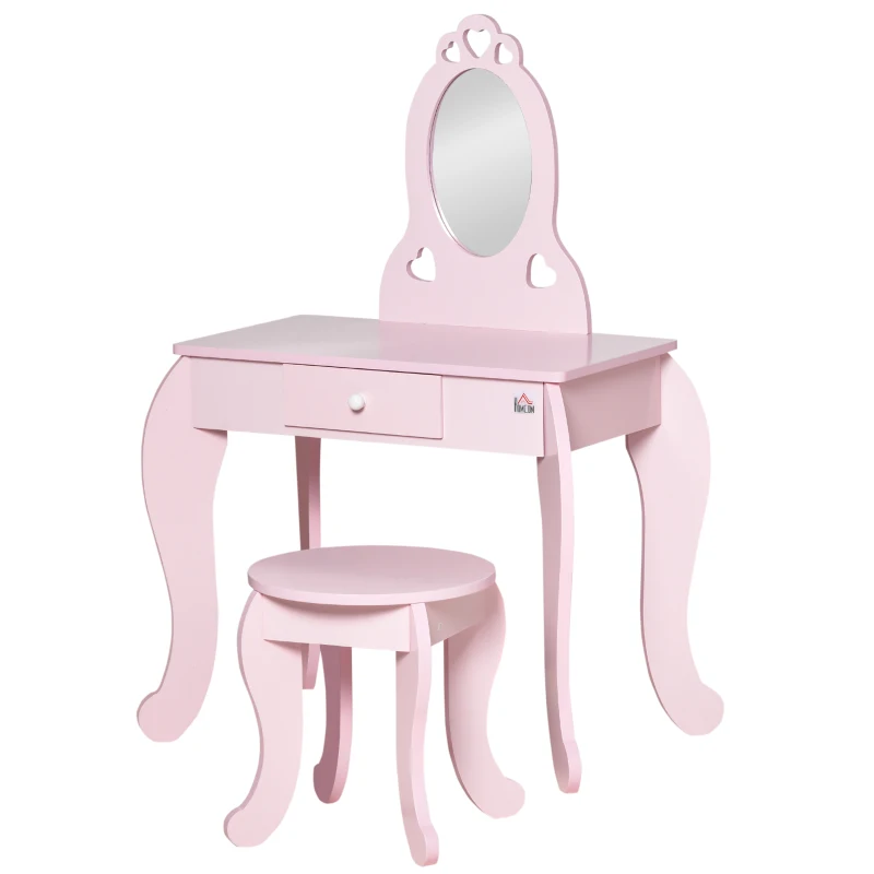 Qaba Kids Vanity Table Set with Mirror and Stool, Drawer, for 3-6 Years, Pink