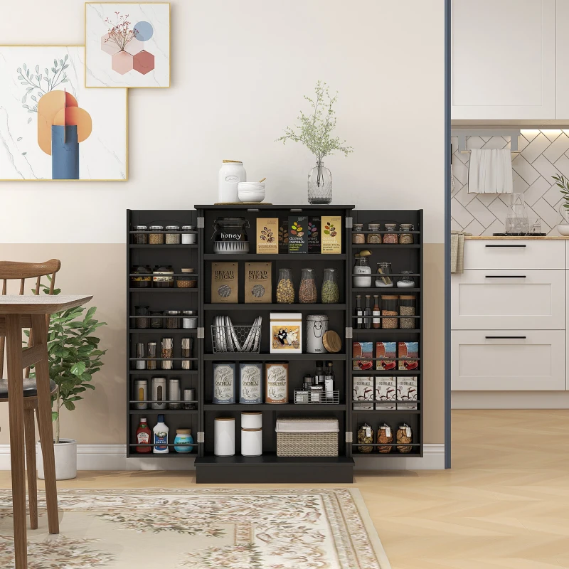 HOMCOM Freestanding Kitchen Pantry Cabinet, Kitchen Cabinet with 12 Door Shelves, Double Doors, 5-tier Shelving, Black(m-2)
