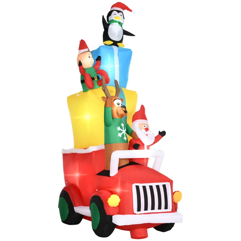 Outsunny 9ft Christmas Inflatables Outdoor Decorations Santa Claus Drives a Gift Car with Elk, Elf and Two Penguins, Blow-Up LED Yard Christmas Decor for Garden, Lawn