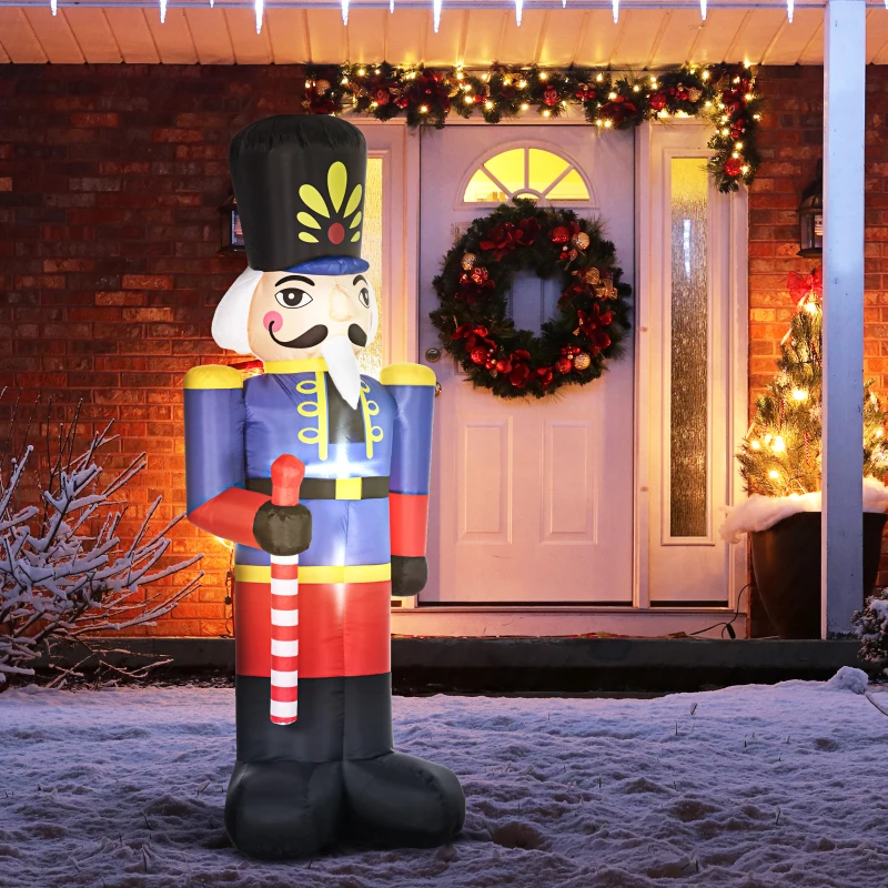 HOMCOM 8ft Christmas Inflatables Outdoor Decorations Nutcracker Toy Soldier with Scepter, Blow-Up Yard Christmas Decor with LED Lights Display