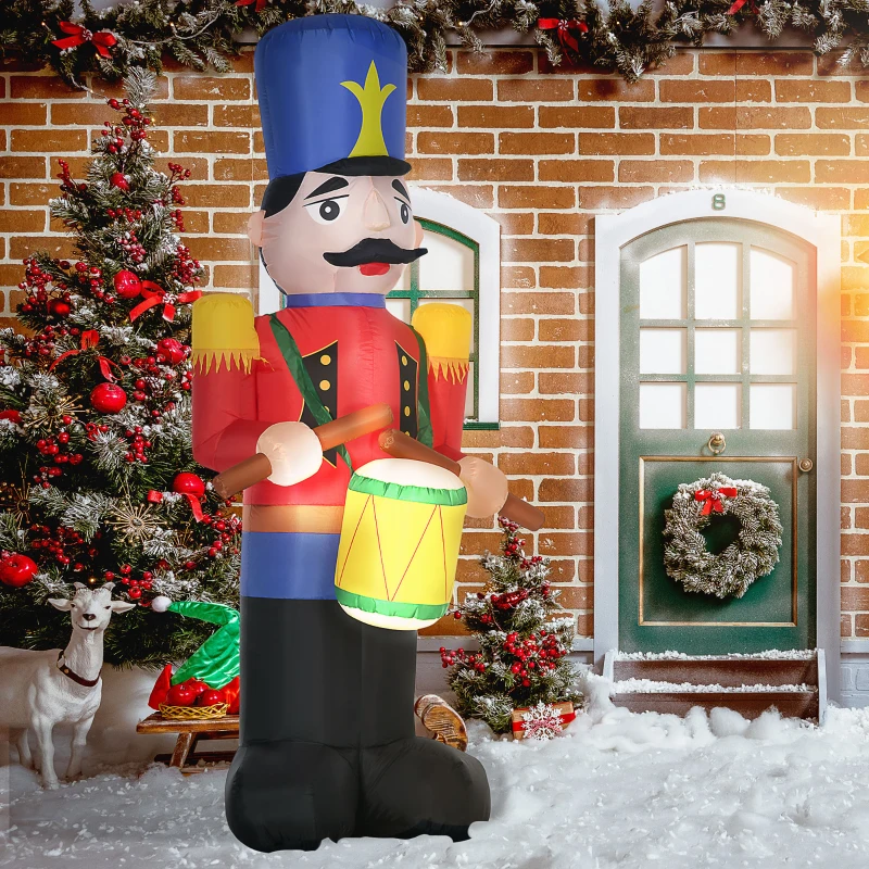 HOMCOM 8ft Christmas Inflatables Outdoor Decorations Nutcracker Toy Soldier with Drum, Blow-Up Yard Christmas Decor with LED Lights Display