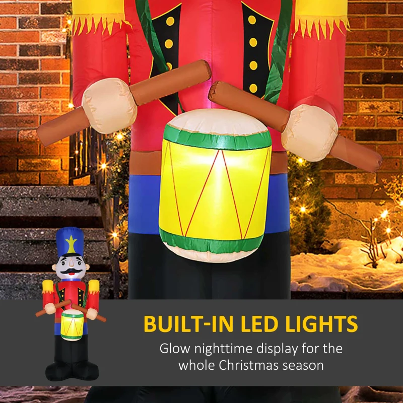 HOMCOM 8ft Christmas Inflatables Outdoor Decorations Nutcracker Toy Soldier with Drum, Blow-Up Yard Christmas Decor with LED Lights Display