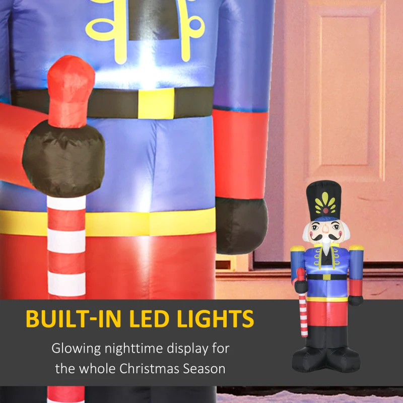 HOMCOM 8ft Christmas Inflatables Outdoor Decorations Nutcracker Toy Soldier with Scepter, Blow-Up Yard Christmas Decor with LED Lights Display