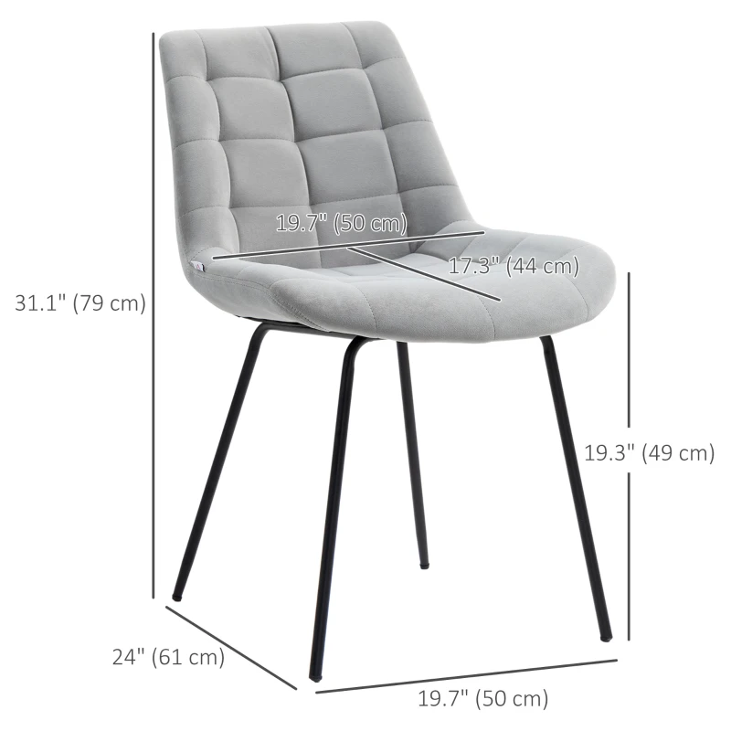 HOMCOM 2 Pieces Dining Chairs, Set of 2 Upholstered Kitchen Chairs with Padded Seat and Steel Legs for Living Room Light Grey
