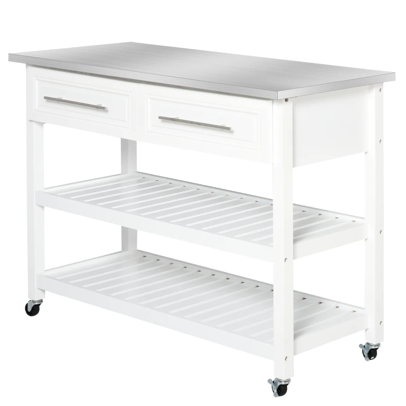 HOMCOM Kitchen Island with Stainless Steel Top, Traditional Kitchen Island with Storage, Butcher Block Cart 2-Tier Open Shelves, Drawers, White