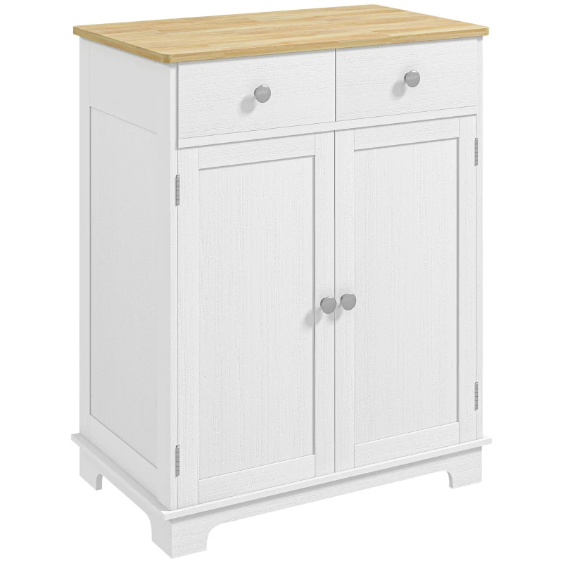 HOMCOM Kitchen Storage Cabinet, Sideboard Floor Cupboard with Solid Wood Top, Adjustable Shelf, and 2 Drawers, Distressed White