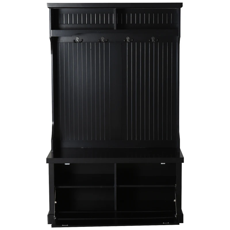 HOMCOM Coat Rack Shoe, Bench Hall Tree for Entryway with Bottom Storage, 4 Metal Double Hooks and 2 Shelves for Hallway, Black