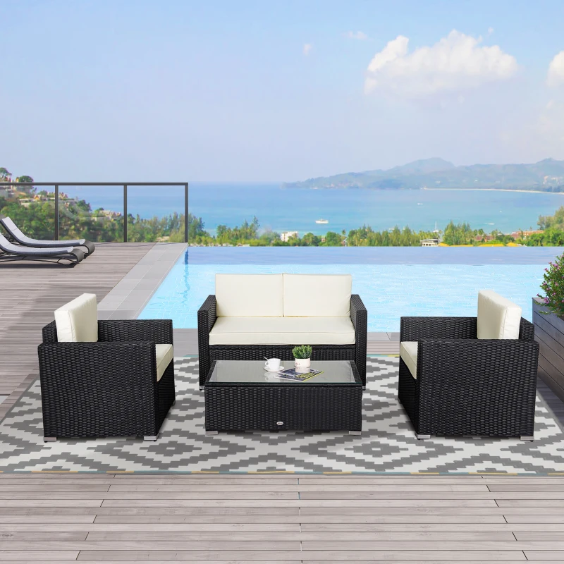 Outsunny 4 Piece Wicker Patio Furniture Set with Cushions, Outdoor Sectional Furniture with 2 Sofa, Loveseat, and Glass Top Coffee Table, Conversation Sofa Sets for Garden, White