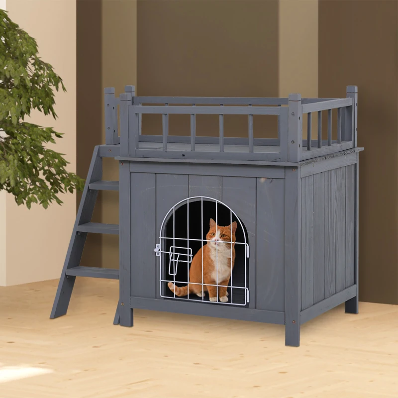 PawHut 2-Level Wooden Cat House, Outdoor Dog Shelter Cat Condo with Lockable Wire Door and Balcony, Gray