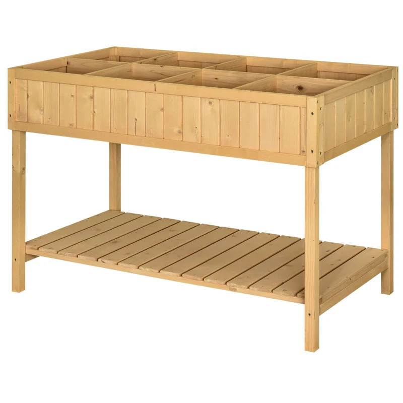 Outsunny 43x18x30in Raised Garden Bed with 8 Pockets and Shelf, Wooden Elevated Planter Box with Legs to Grow Herbs, Vegetables, and Flowers, Natural