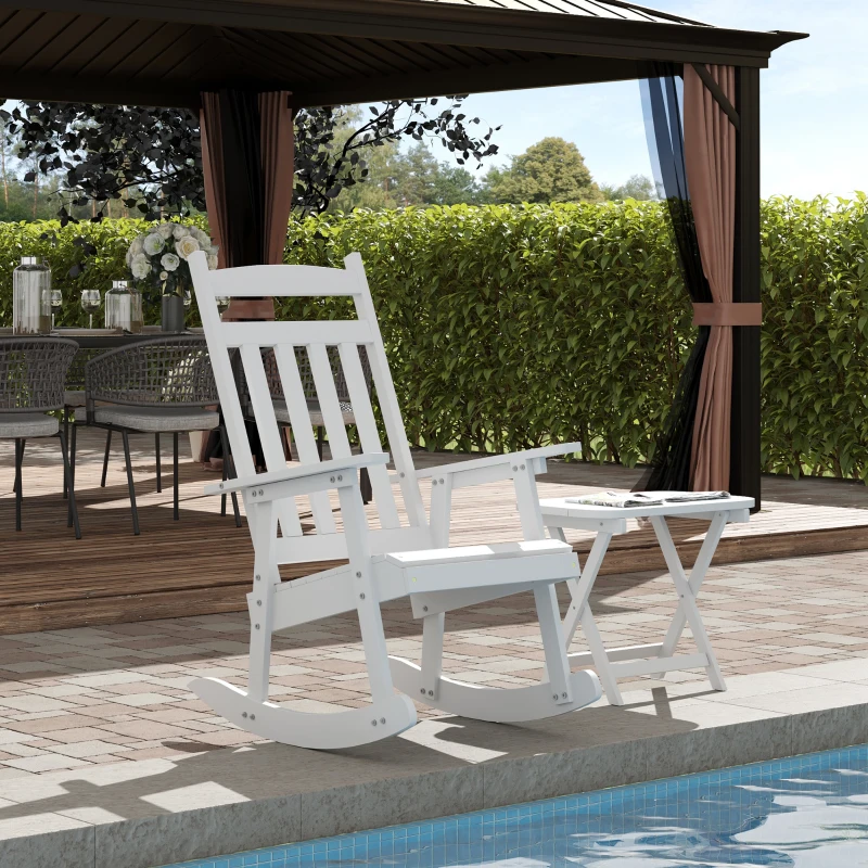 Outsunny 2 Pieces Wood Patio Bistro Set, Outdoor Rocking Chair Set with Armrests and High Back Rocking Chair and Portable Side Table, for Indoor, Outdoor, Patio, Backyard, White