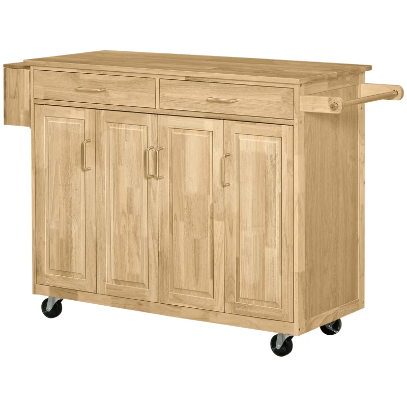 HOMCOM Kitchen Island on Wheels, Natural Hardwood Kitchen Cart with Drawers, Storage Cabinets, and Tool Caddy, Microwave Cart for Dining Room, 54 Inches Wide
