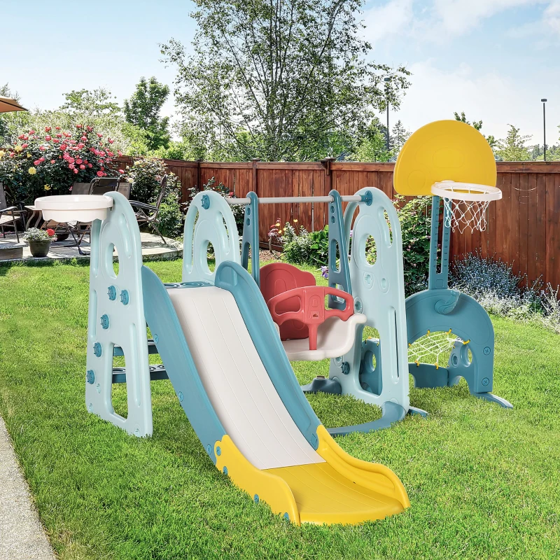 Qaba 5 in 1 Toddler Slide and Swing Set with Adjustable Seat Height and Basketball Hoop, Ring Toss Game, Freestanding Kids Climber Slide Playset with Basket Ball for Indoor Playground 18-60 Months