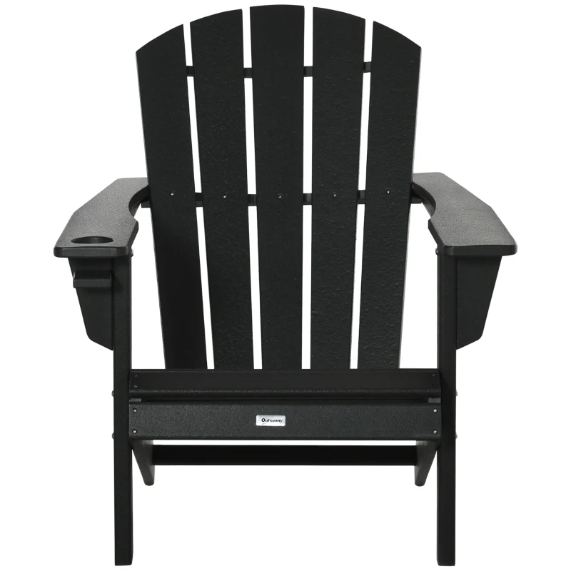 Outsunny Adirondack Chair with Cup Holder, All Weather Patio Chair HDPE Lounger, Fire Pit Seating High Back and Wide Seat for Outdoor, Backyard, Garden, Deck, Lawn, Black