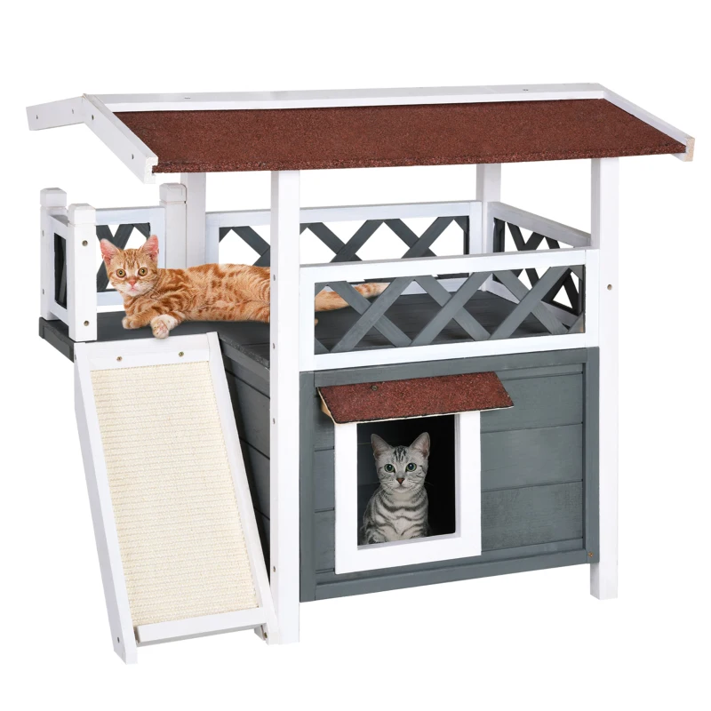 PawHut Wooden Cat House Outdoor with Sisal Ramp, 2-Story Feral Cat Shelter with Balcony, Asphalt Roof, Spacious Condo, Gray