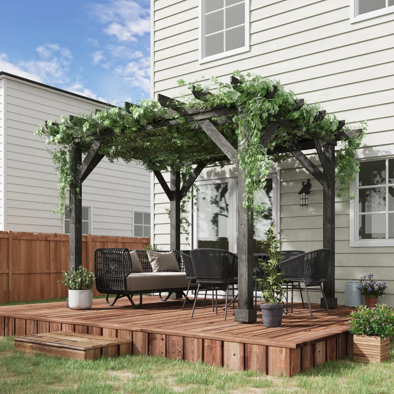 Outsunny 12' x 10' Patio Pergola, Weather-Resistant Cedar Wood, Backyard Cover for Porch Party, Grape Garden, Vineyard, Ivy Vine, or Climbing Plants, Black