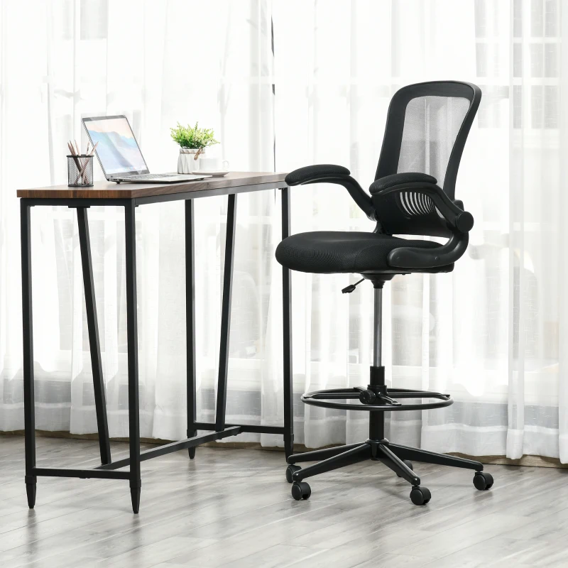 Vinsetto Tall Drafting Desk Chair Computer Desk Home Office Mesh Standing Chair with Mid Back, Foot Ring, Flip-up Arm, 360° Swivel Wheels, Black
