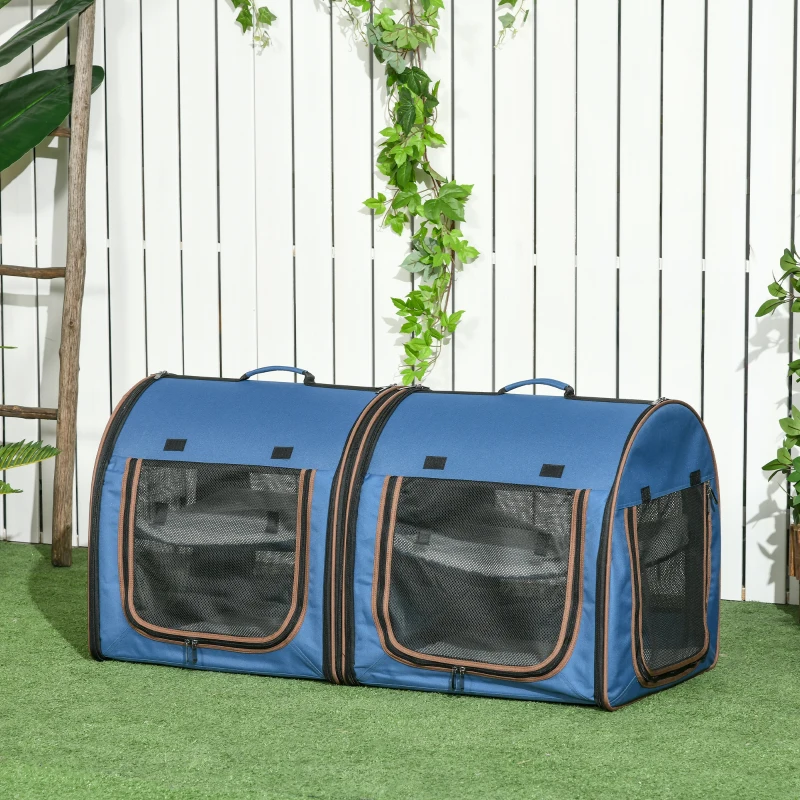 PawHut 39" Portable Soft-Sided Cat Carrier, Cat Kennel, Travel Dog Crate with Divider, Two Compartments, Soft Cushions & Storage Bag, Easy to Fold, Blue