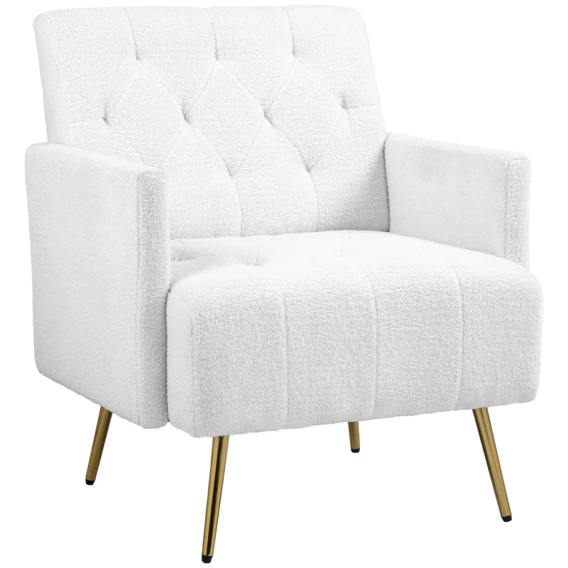 HOMCOM Upholstered Armchair, Modern Sherpa Accent Chair, Tufted Reading Chair for Living Room with Gold Steel Legs, White