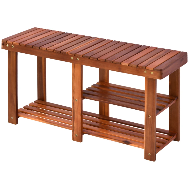 HOMCOM 3-Tier Shoe Rack Bench, Acacia Wood Shoe Organizer, Rustic Entryway Bench with Storage Shelves for Entryway, Hallway, Livingroom, Teak