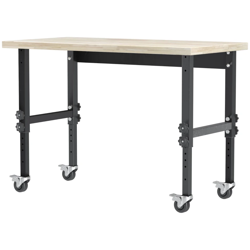 HOMCOM 47.25" Work Bench with Height Adjustable Legs, Bamboo Tabletop Workstation Tool Table on Wheels for Garage, Weight Capacity 1320 Lbs, Black/Natural