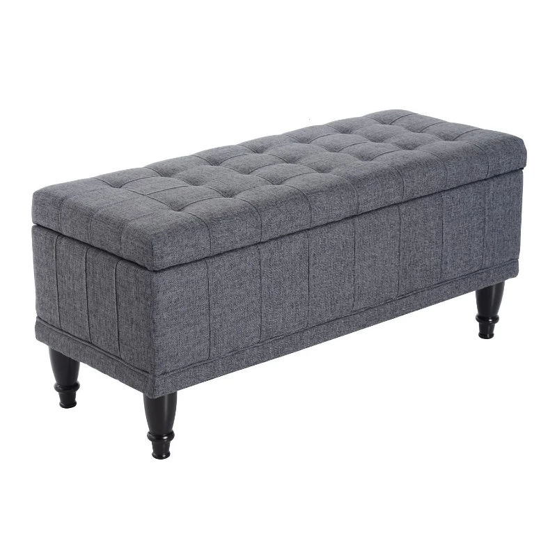 HOMCOM Storage Ottoman, Linen Fabric Button Tufted Storage Bench with Soft Close Lid for Living Room, Entryway or Bedroom, Dark Heather Gray