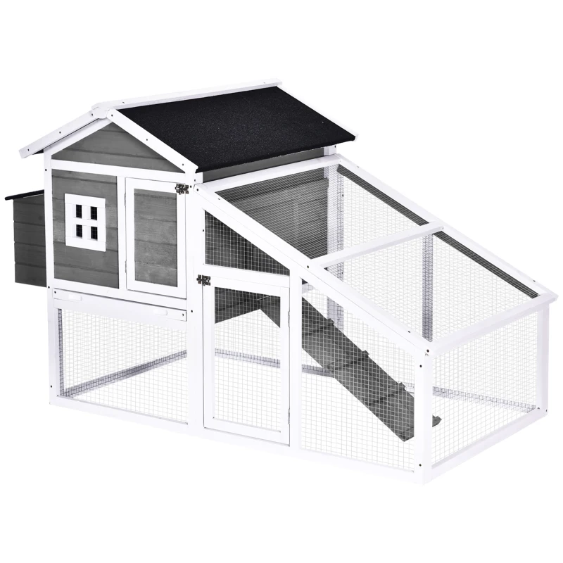 PawHut 69" Chicken Coop Wooden Backyard Poultry Hen Cage, Rabbit Hutch Pen, with Run w/ Nesting Box, Removable Tray for Easy Cleaning, Asphalt Roof, and Safe Lockable Door