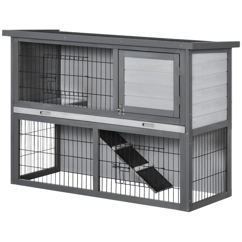PawHut 42.5" Wooden Rabbit Hutch Bunny Cage Small Animal House Enclosure with Ramp, Removable Tray and Weatherproof Roof for Outdoor, Gray