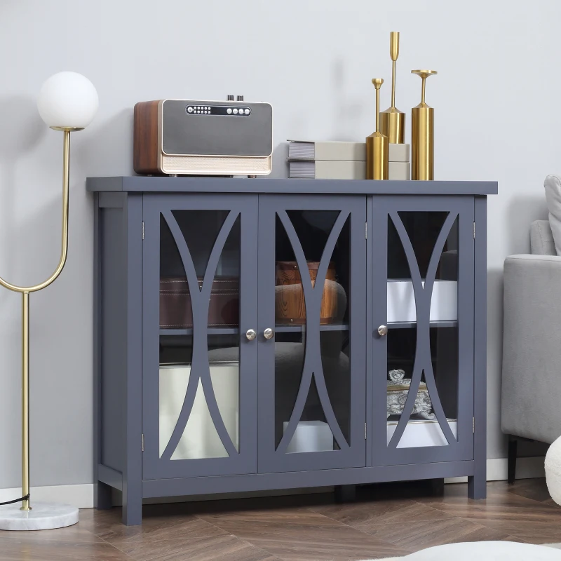 HOMCOM Sideboard, Buffet Cabinet with 3 Tempered Glass Doors, Arc Pattern and Adjustable Storage Shelf, Credenza, Gray