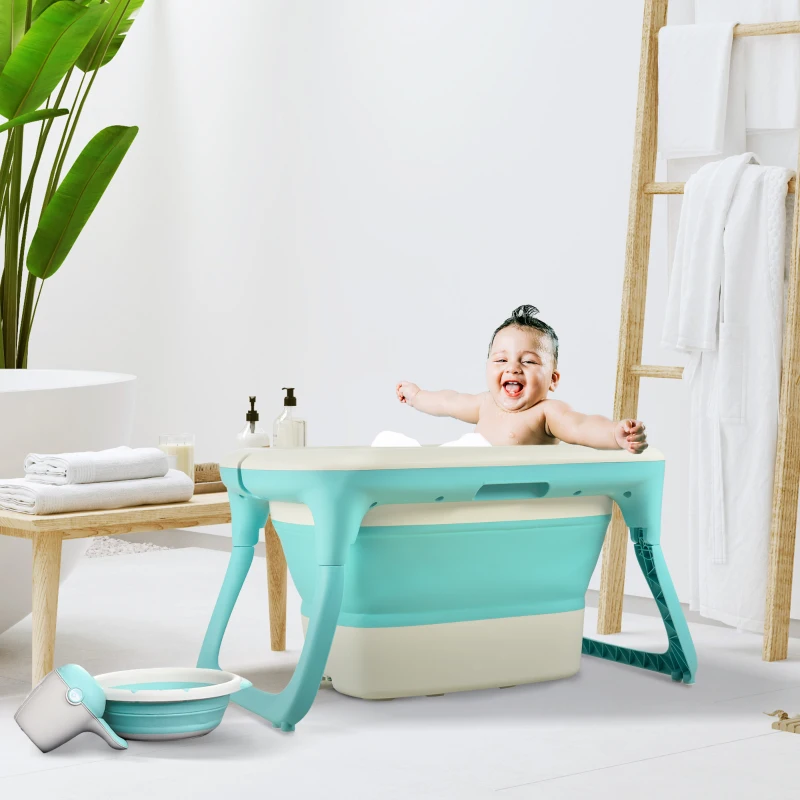 Qaba 4-IN-1 Folding Baby Bathtub 4pcs Esthetic Basin with Sucker Seat Non-Slip Support Safer Portable, Green