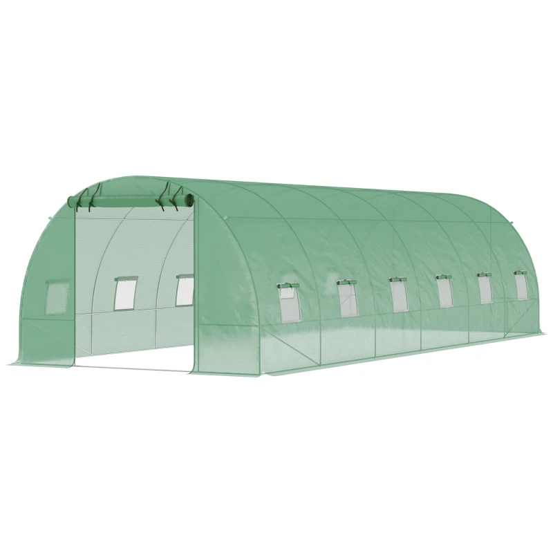 Outsunny 26' x 10' x 6.6' Walk-in Tunnel Hoop Greenhouse, PE Cover, Steel Frame, Roll-Up Zipper Door & 12 Mesh Windows for Flowers, Vegetables, Tropical Plants, Green