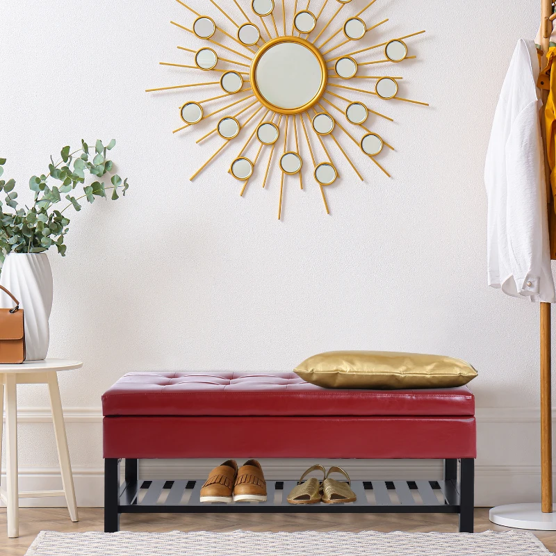 HomCom 44" Tufted Faux Leather Ottoman Storage Bench With Shoe Rack- Crimson Red
