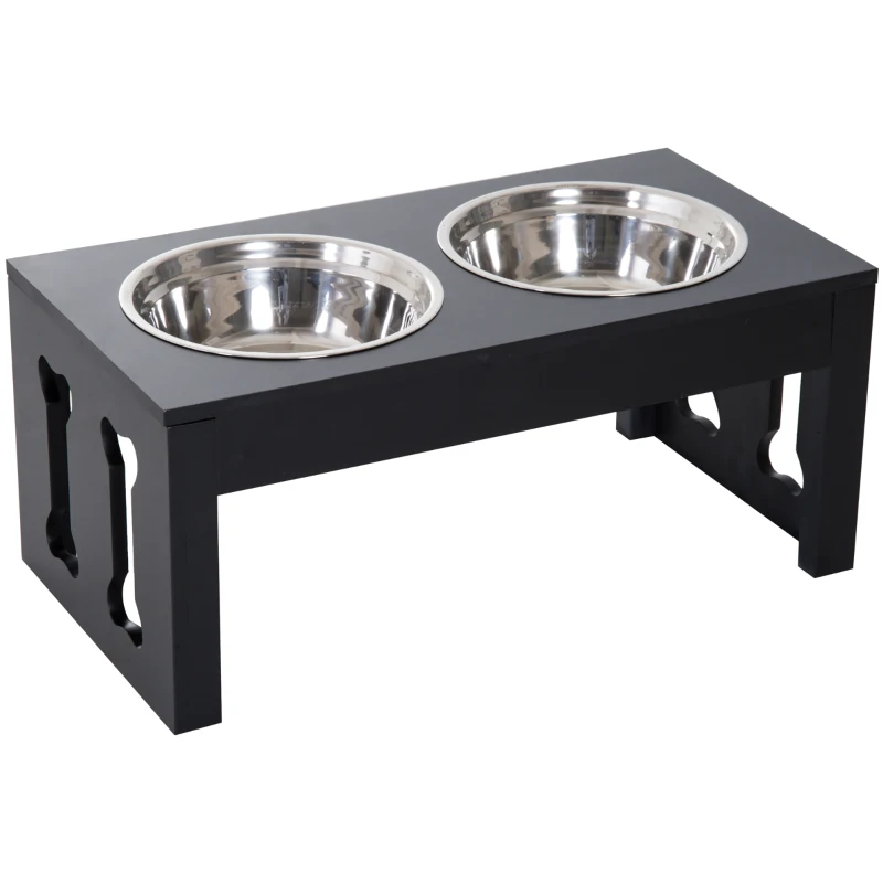 PawHut 23" Modern Decorative Raised Dog Bowls, Wooden Heavy Duty Pet Food and Water Bowl, Elevated Feeding Station, Black