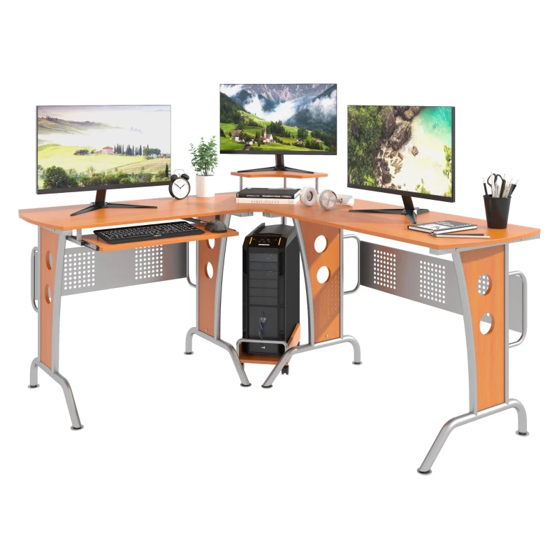 HOMCOM L-Shaped Corner Computer Office Desk Workstation with Elevated Shelf, Rolling Keyboard Tray, & Convenient CPU Stand, Wood Color